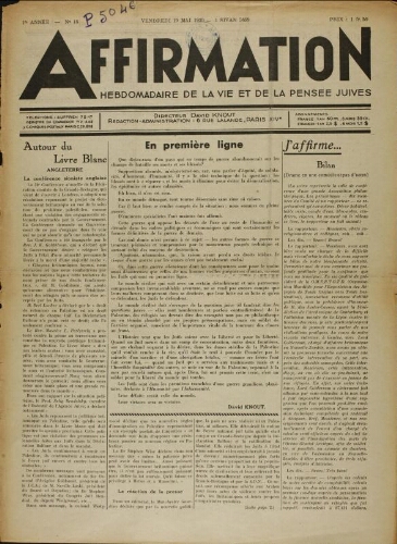 Affirmation. Vol. 01 N°18 (19 mai 1939)